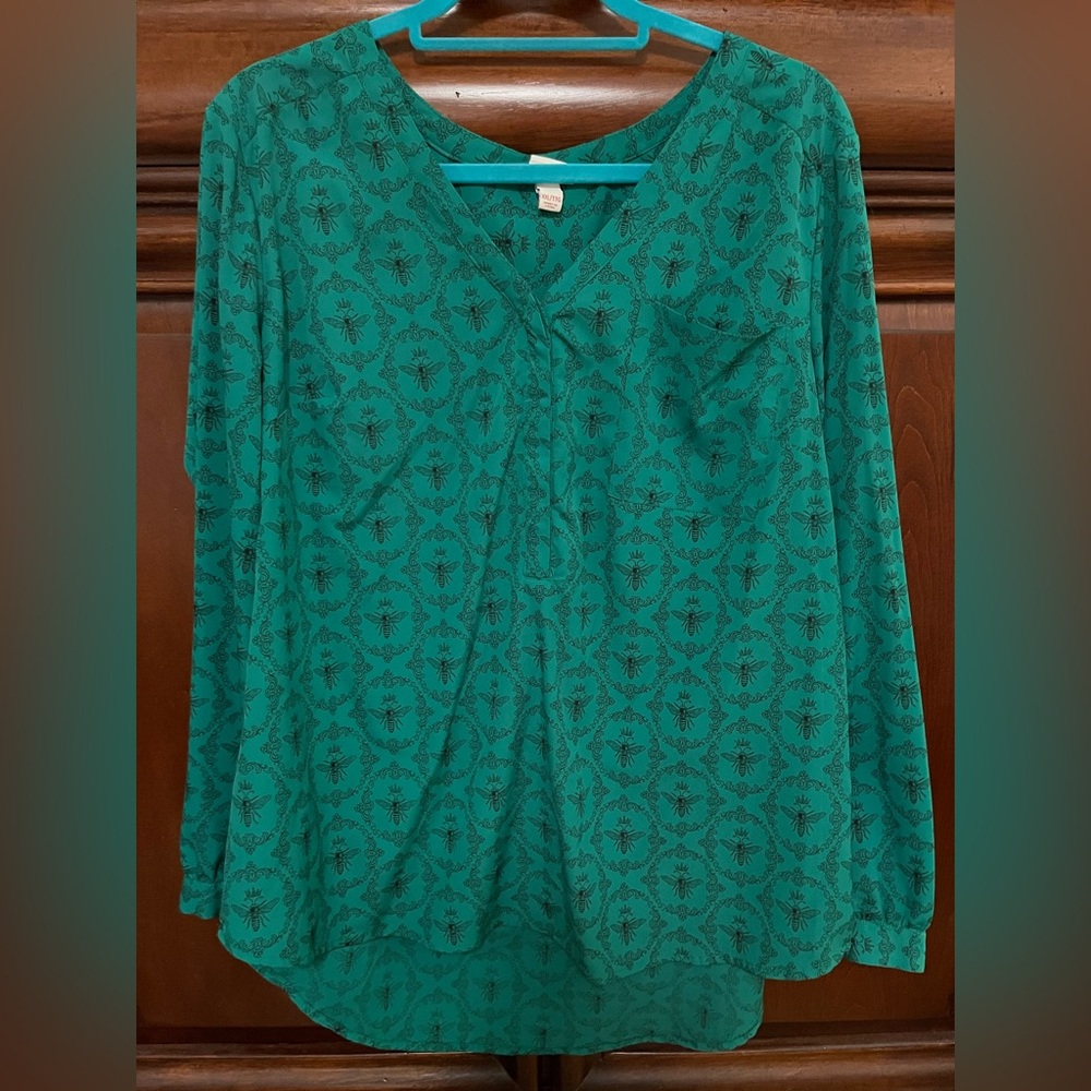 Merona Green and Black Bee Patterned Long Sleeve Blouse XXL